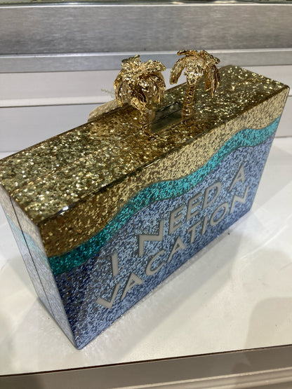 Kate Spade "I Need A Vacation" Hard Plastic Glitter Clutch