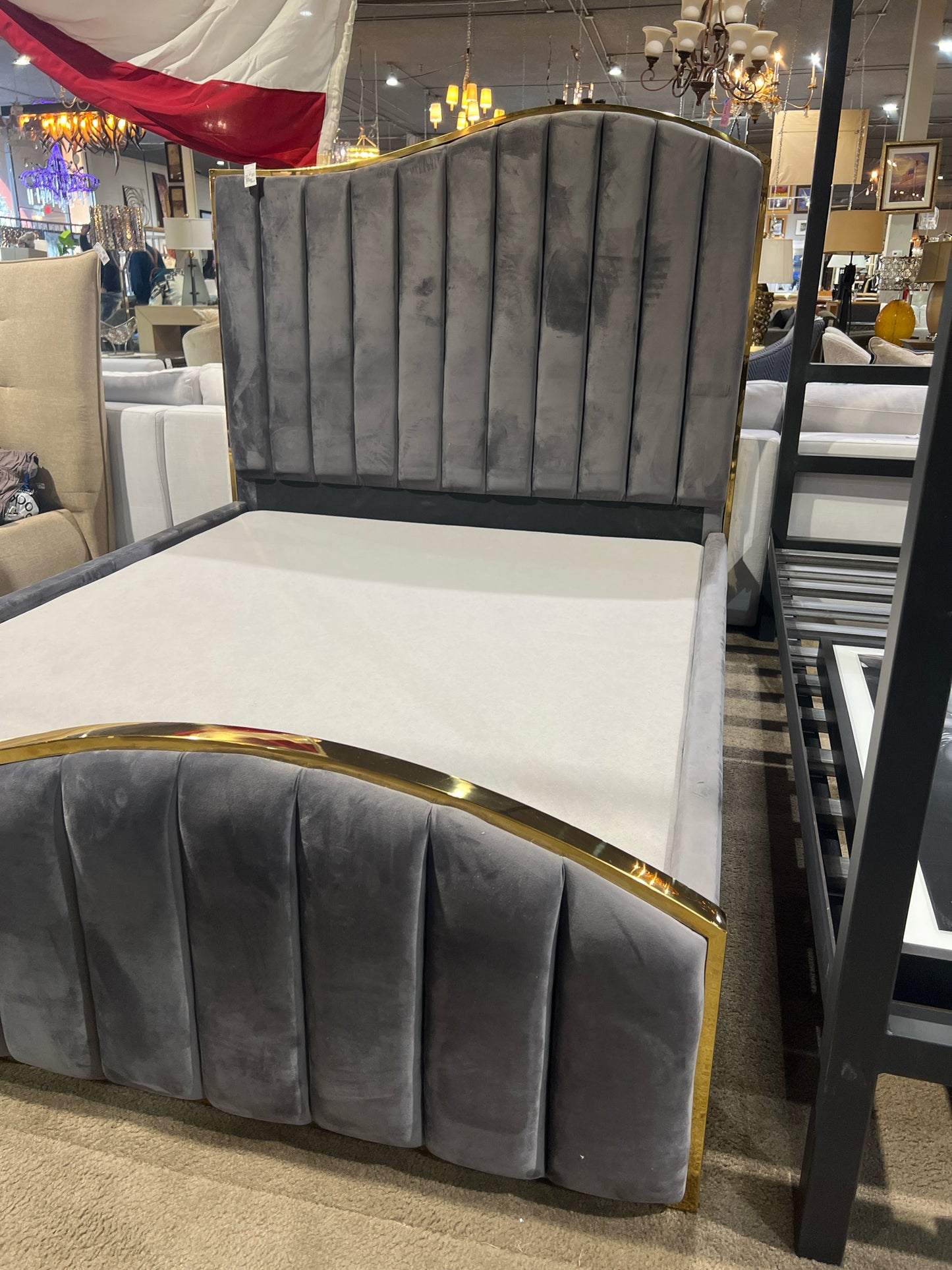 Queen Size Grey Velvet Channel Tufted Bed