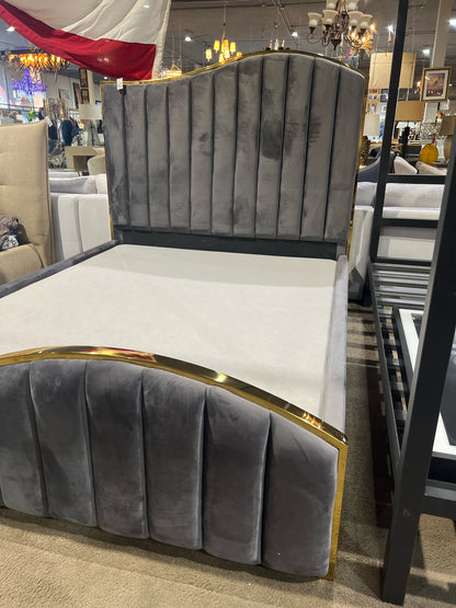 Queen Size Grey Velvet Channel Tufted Bed