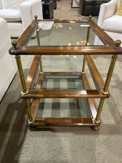 Three Tier End Table w/ Glass Shelves and Brown Gold Accents