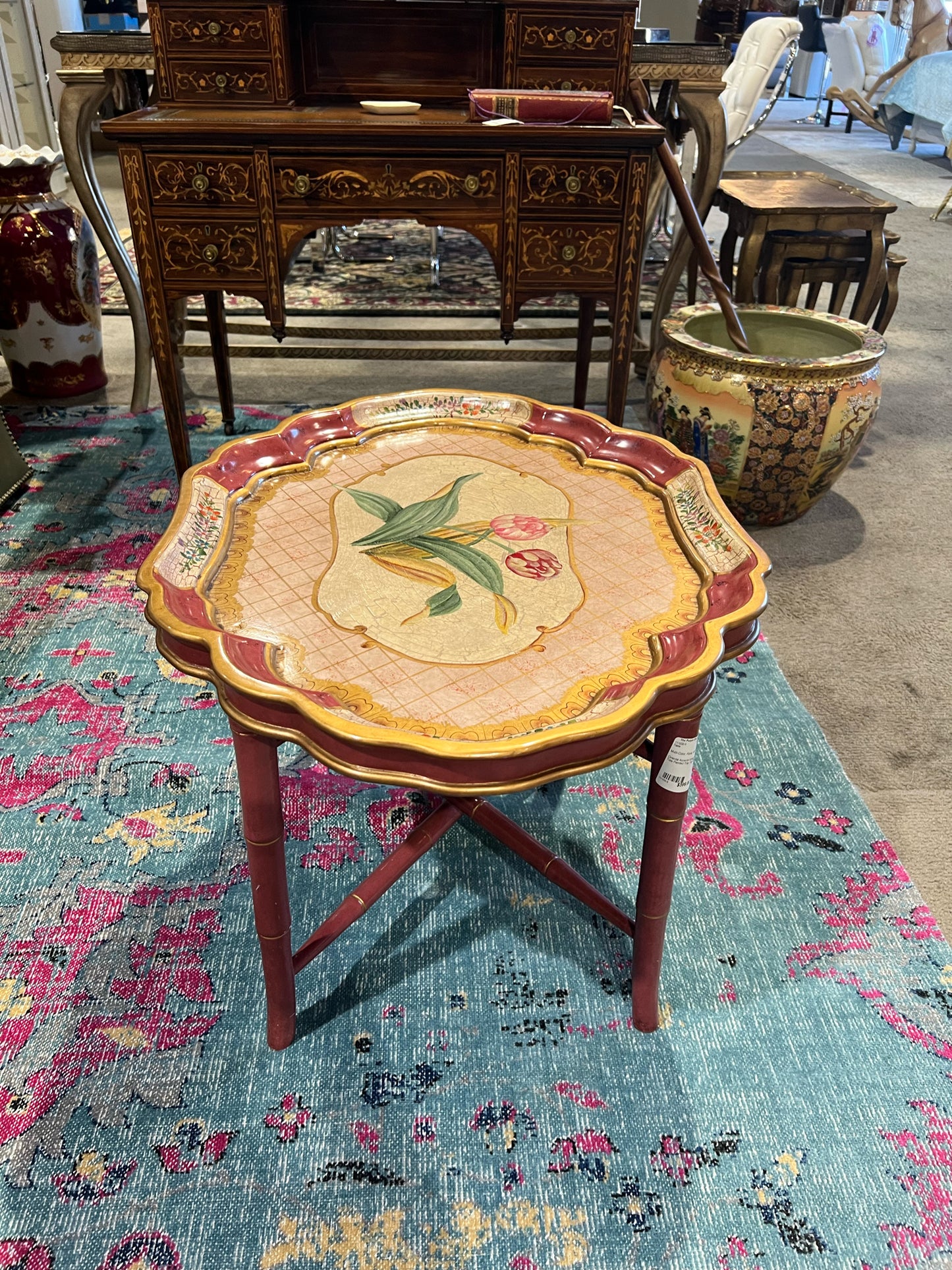 Oriental Accents Vintage Tole Painted Tray Top Red Floral Table