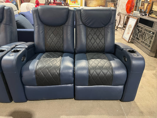 Octane Black & Blue Diamond Tufted Leather  Electric Reclining "Azure" Loveseat