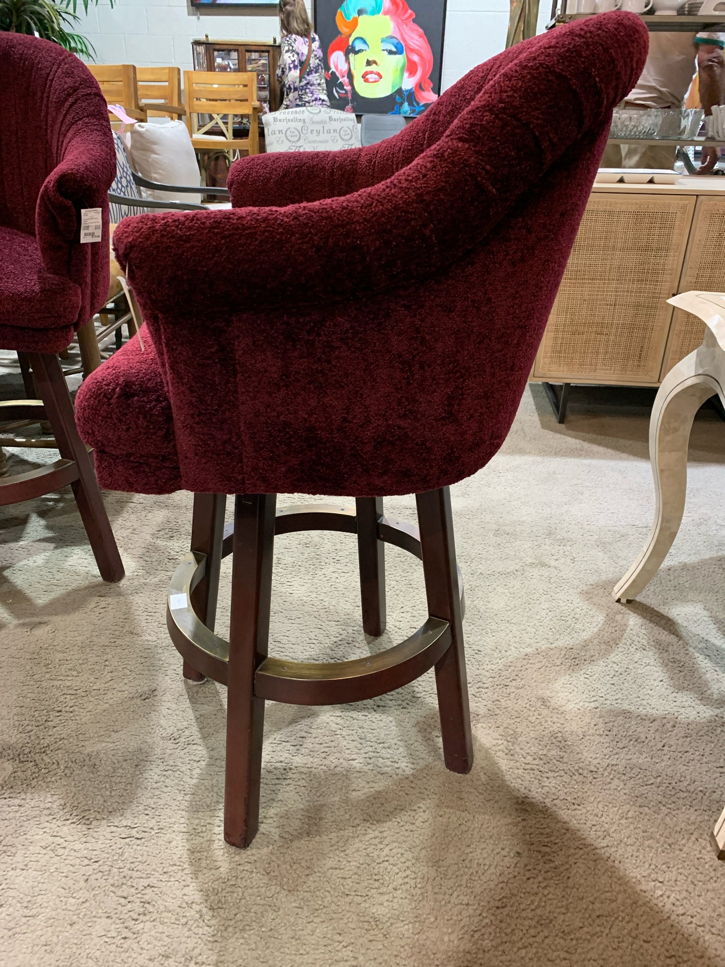 Burgundy Boucle Fabric & Wood Frame Bar Stool