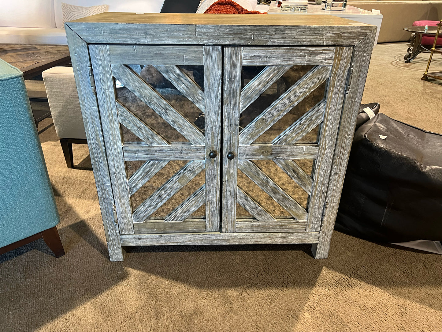 Pottery Barn Gray Farmhouse 2 Door Wood & Mirror Cabinet