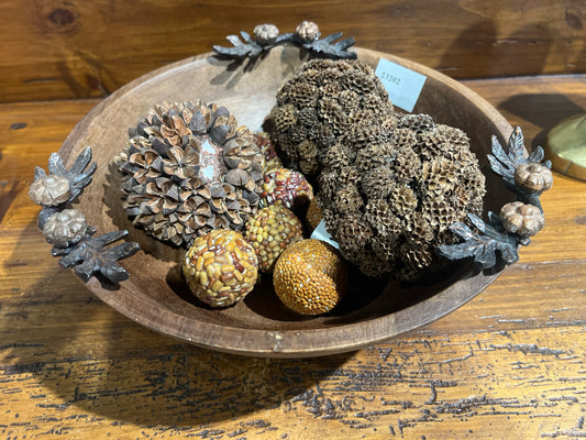 Decorative Wood Bowl & Assorted Pinecones