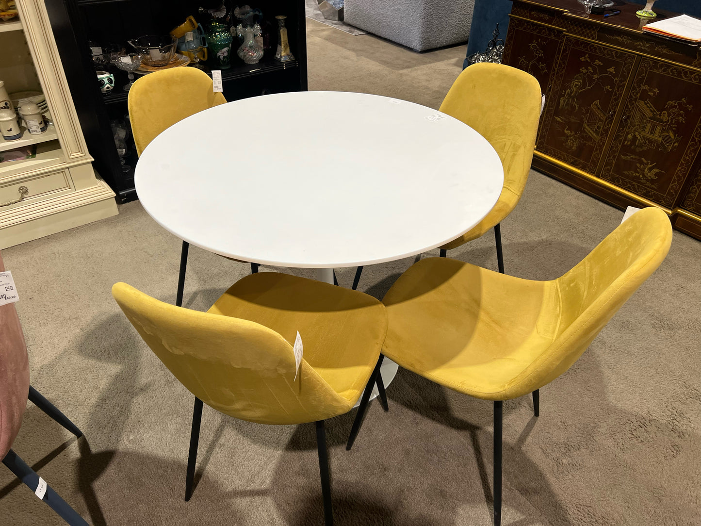 White Modern Tulip Table w/ 4 Mustard Fabric Chairs