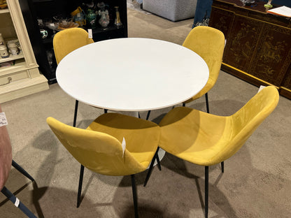 White Modern Tulip Table w/ 4 Mustard Fabric Chairs