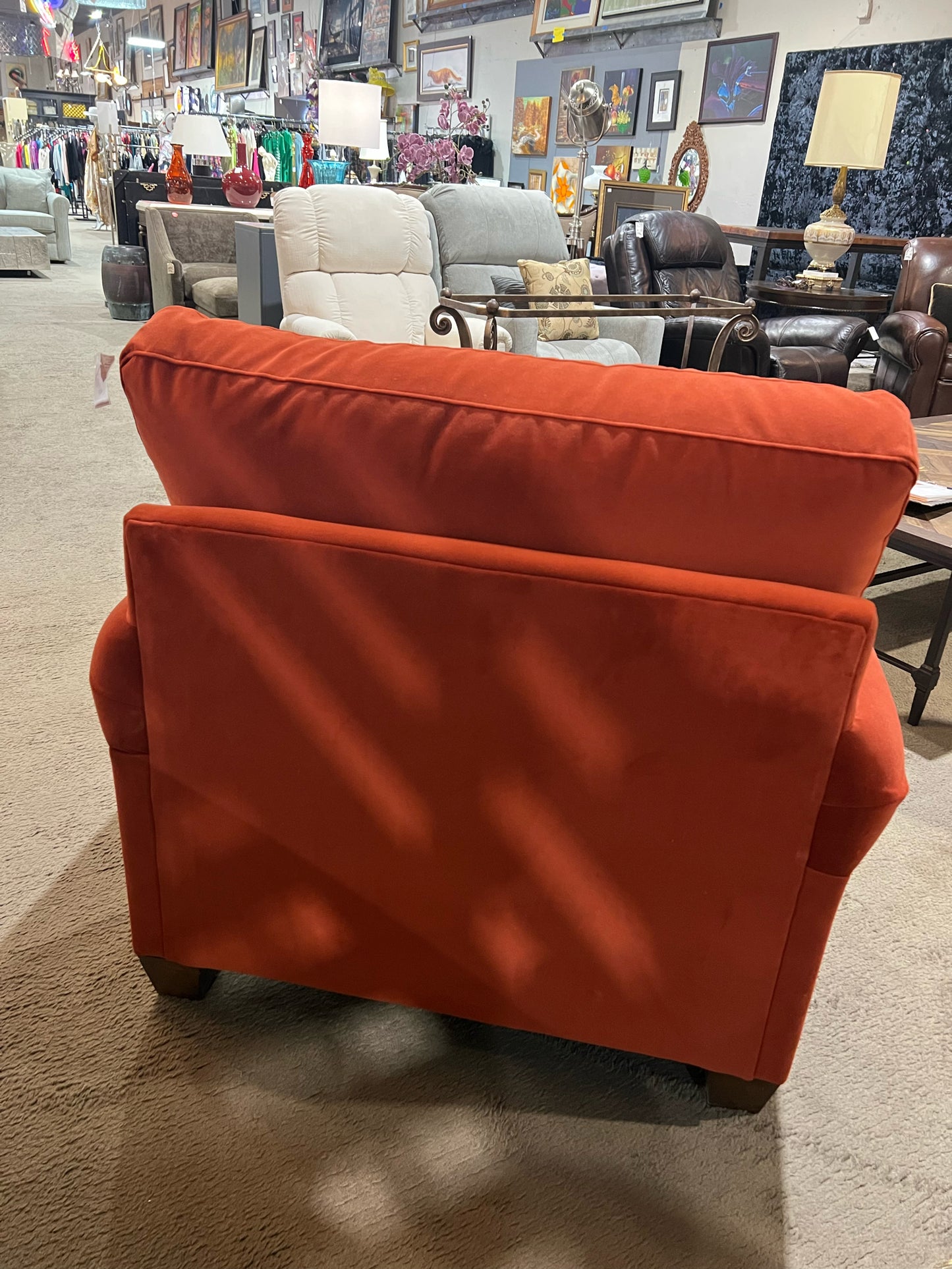 Bassett Rust Fabric Club Chair & Custom Floral Pillow