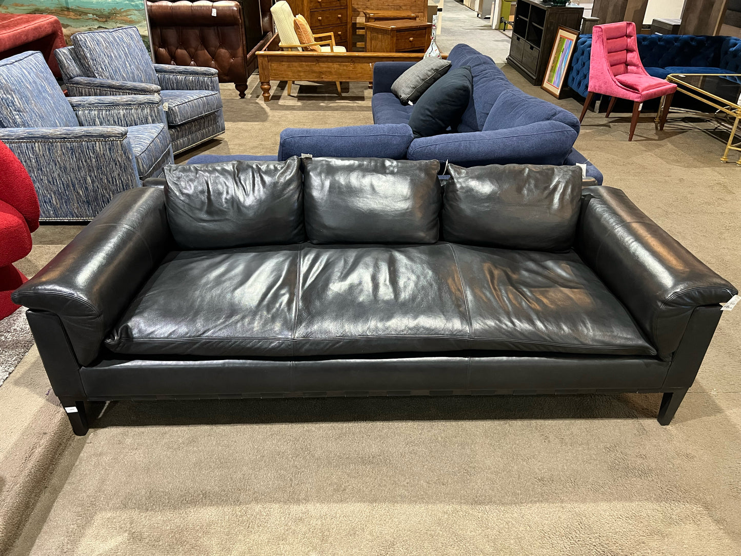 Baker Black Leather Milling Road Sofa & 3  Pillows