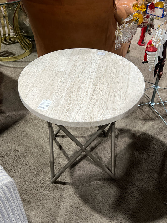 Tan Faux Stone Top End Table with  Metal Base