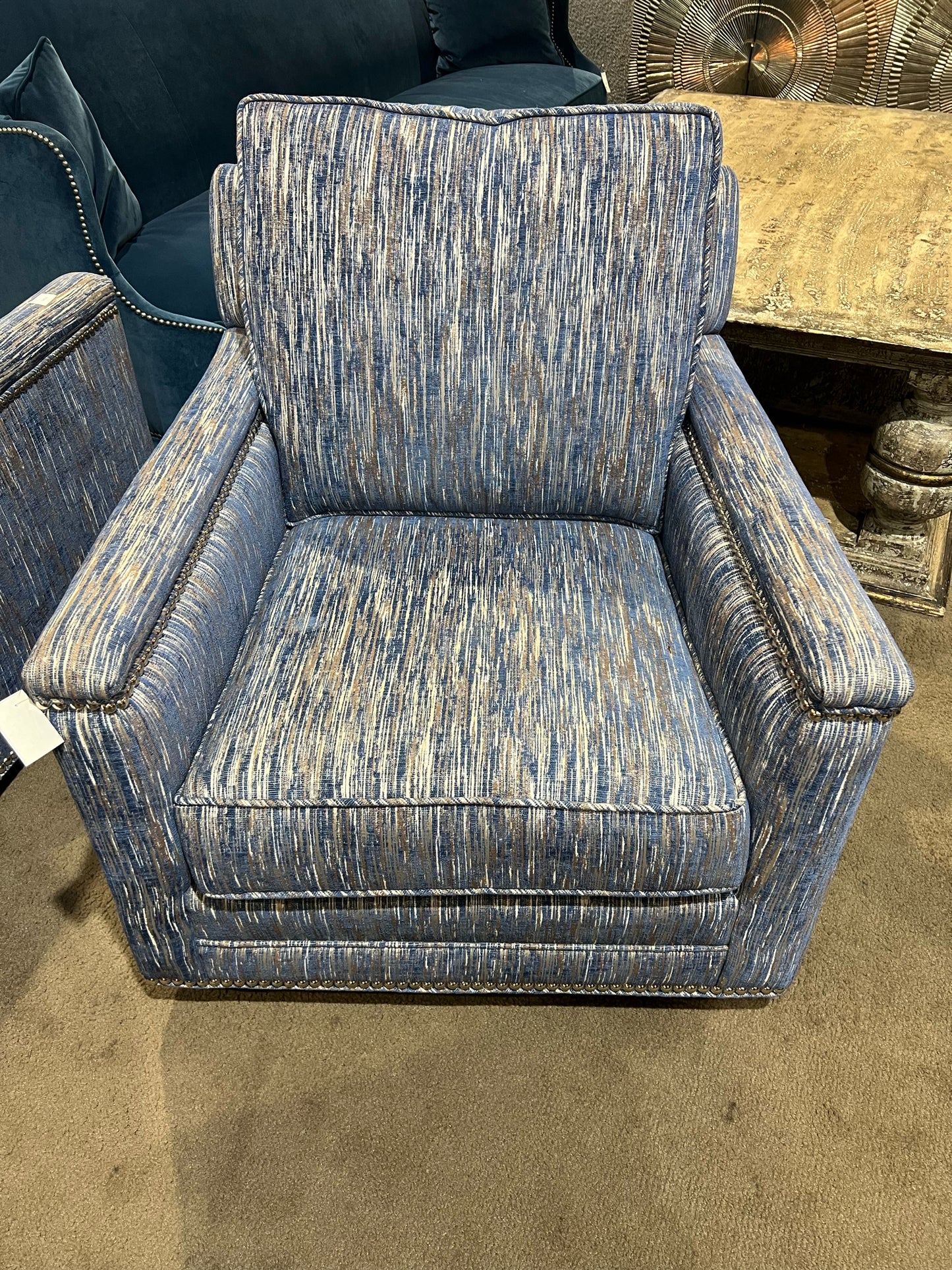 Blue & Tan Swivel Fabric Rocker