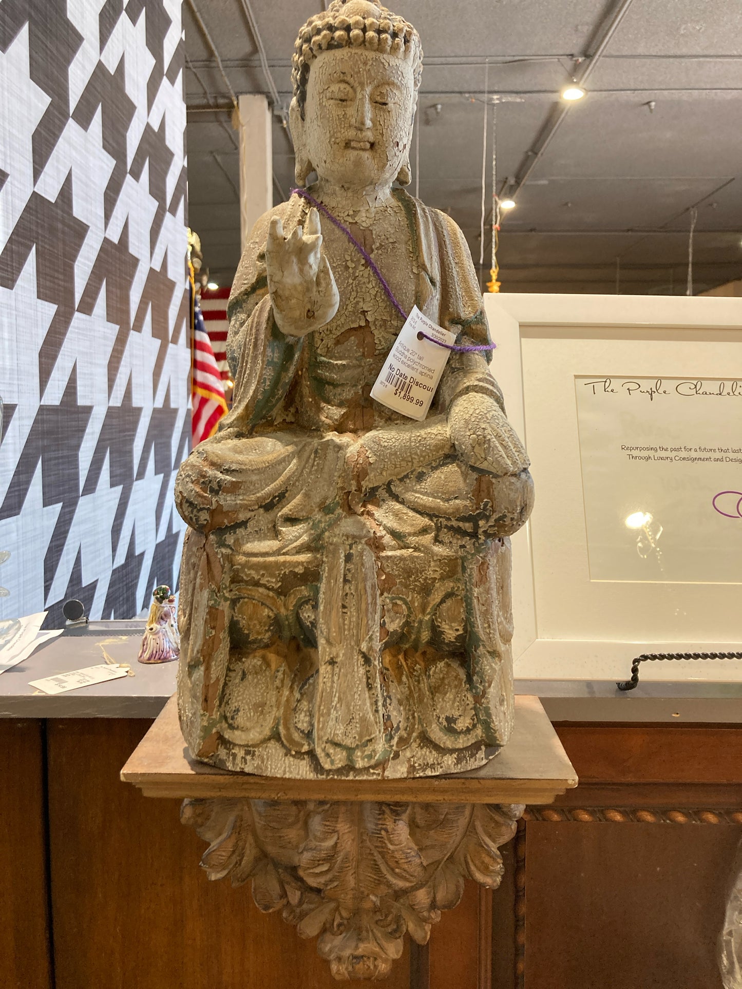 Antique 20" tall Buddha polychromed wood