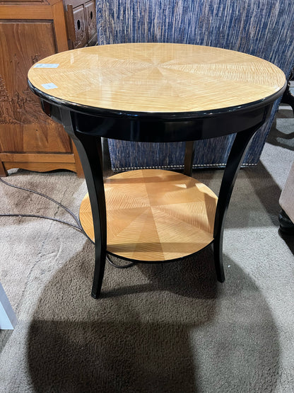 1990's 2 Teir Black Laquered Wood & Sunburst Top Side Table