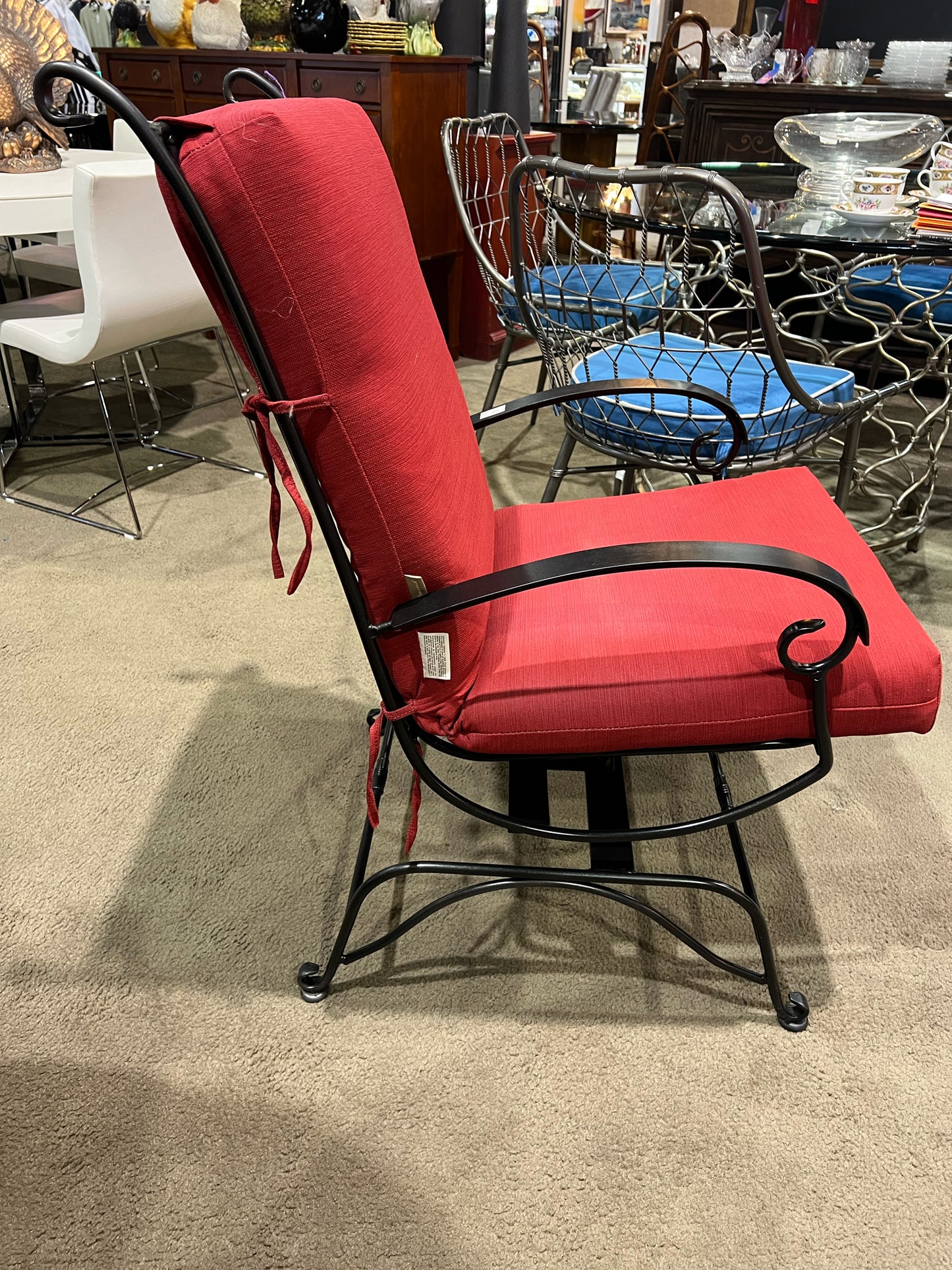 Black Wrought Iron Frame & Red Cushion Patio Chair