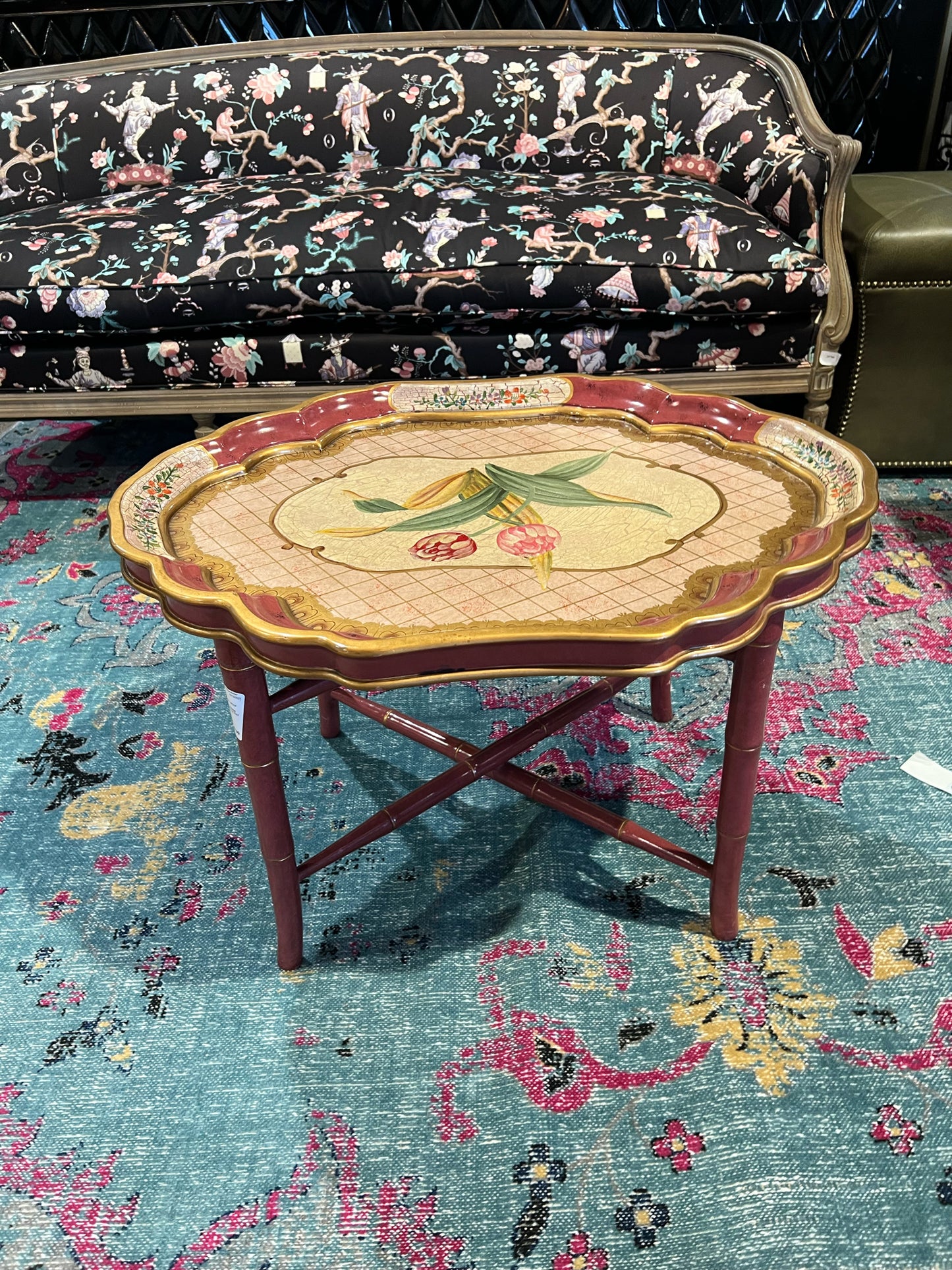 Oriental Accents Vintage Tole Painted Tray Top Red Floral Table