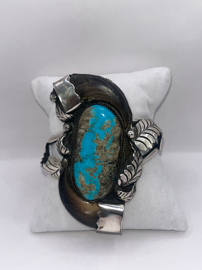 Native Style 925 Sterling Silver Bear Claw & Turquoise Bracelet