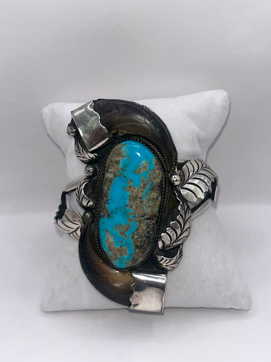 Native Style 925 Sterling Silver Bear Claw & Turquoise Bracelet
