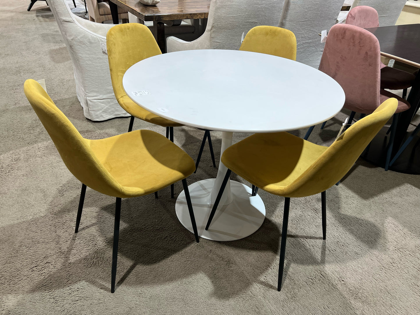 White Modern Tulip Table w/ 4 Mustard Fabric Chairs