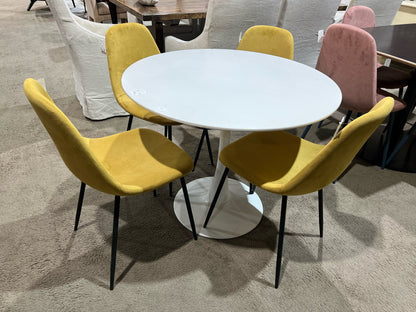 White Modern Tulip Table w/ 4 Mustard Fabric Chairs