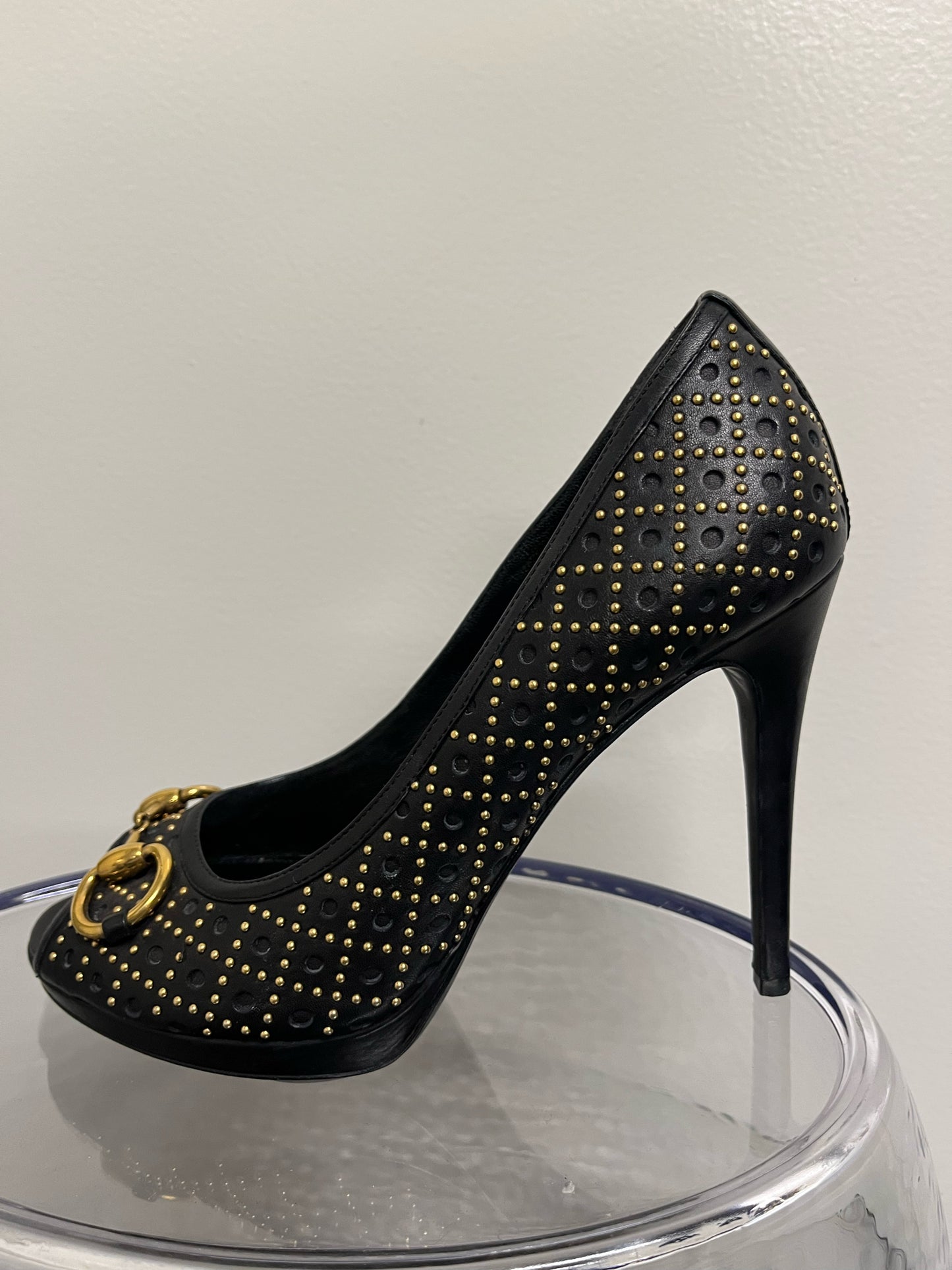 Gucci Peep "Horsebit" Studded Heels