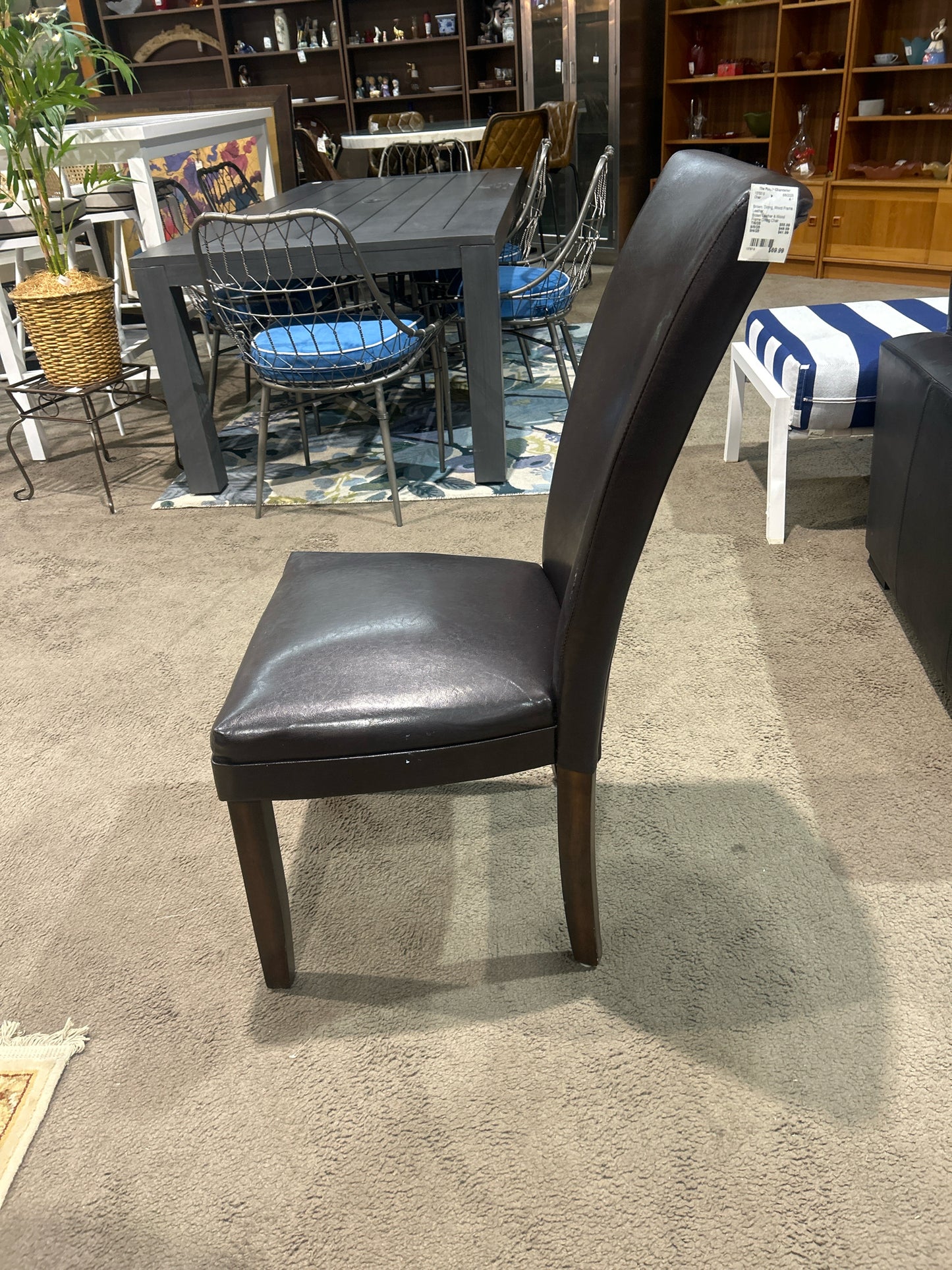 Brown Leather & Wood Frame Dining Chair