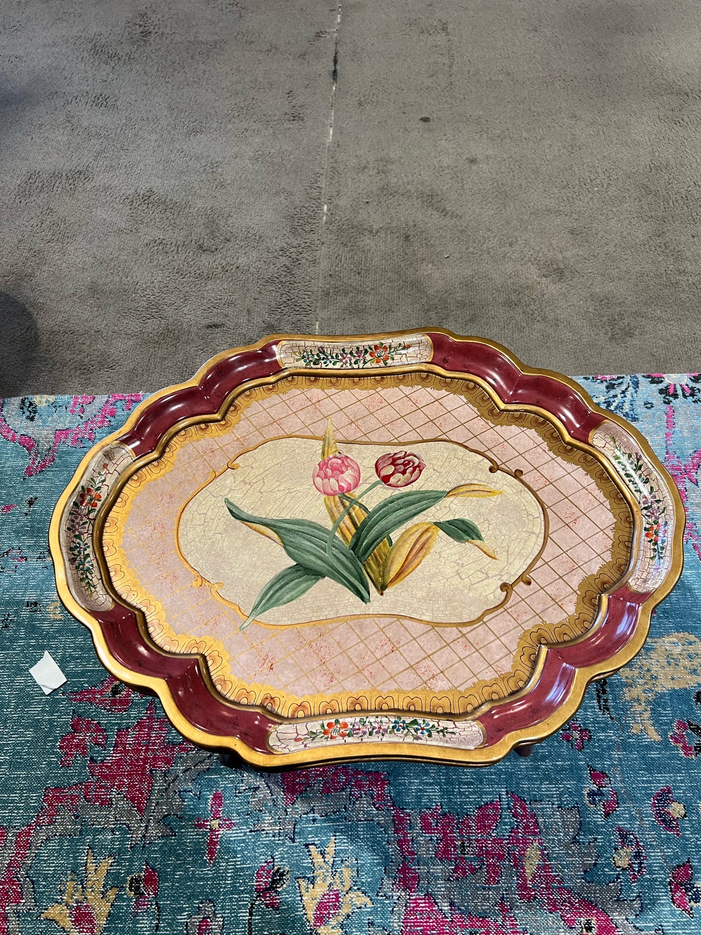 Oriental Accents Vintage Tole Painted Tray Top Red Floral Table