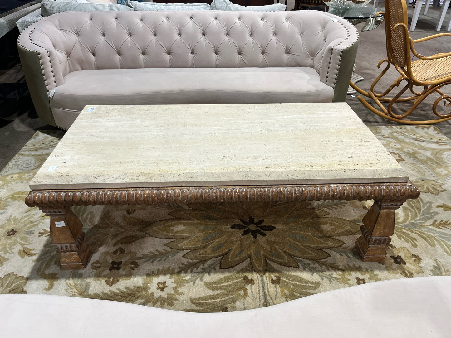 Kreiss Tan Travertine Top & Carved Wood Frame Coffee Table