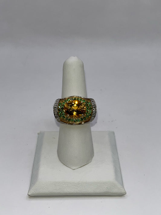 10K Yellow Gold Orange Sapphire & Emerald Ring