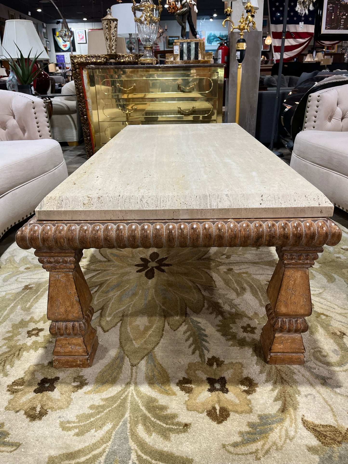 Kreiss Tan Travertine Top & Carved Wood Frame Coffee Table