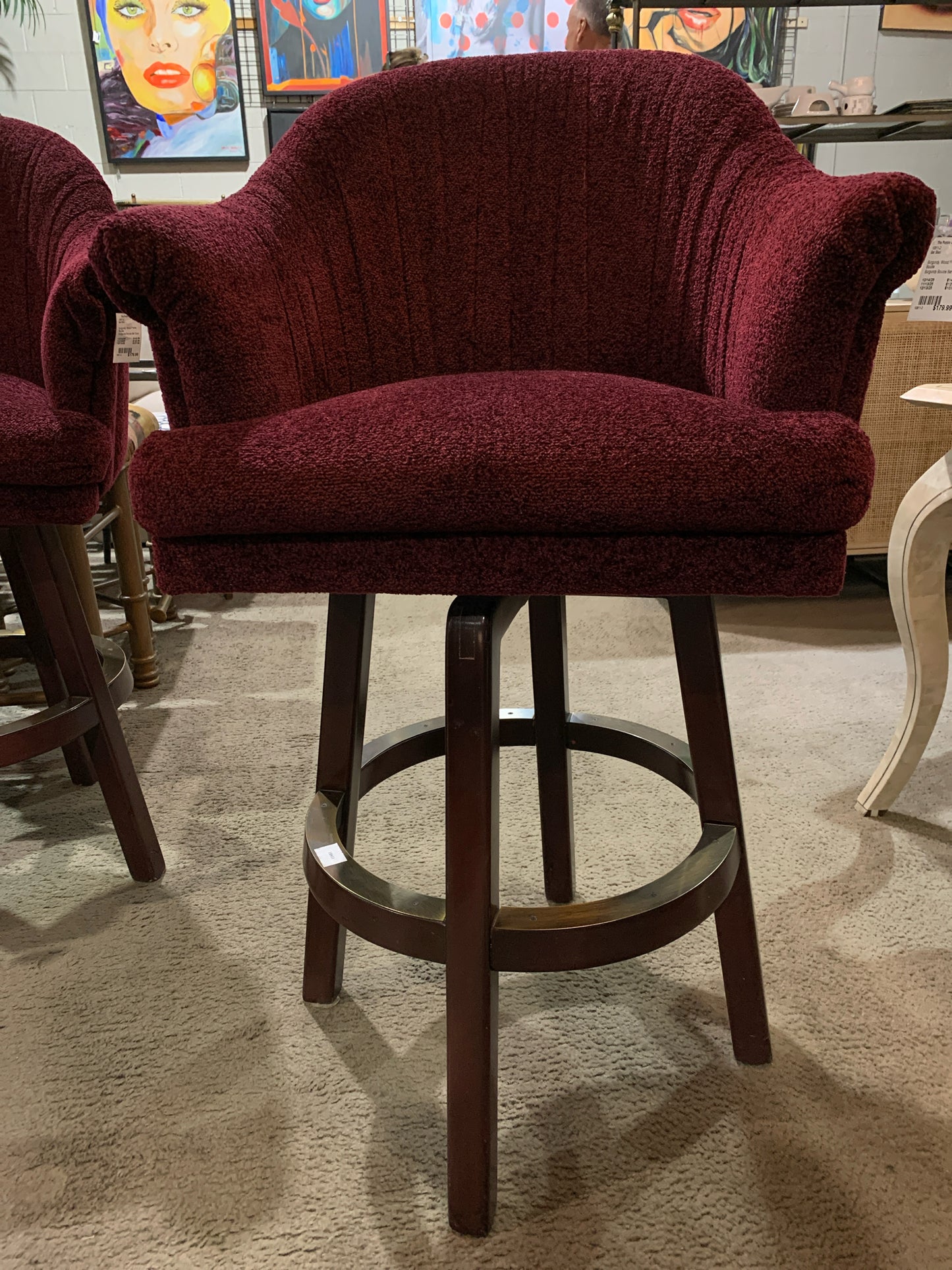Burgundy Boucle Fabric & Wood Frame Bar Stool