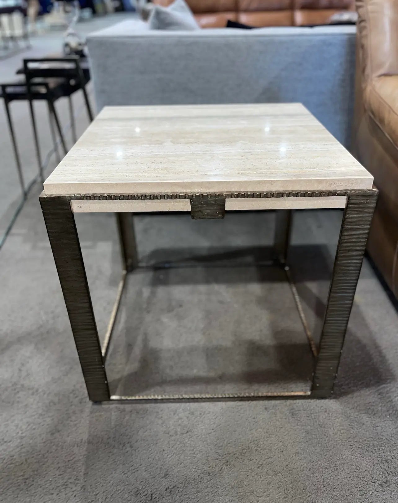 Lexington Tan Travertine Top & Brush Metal Frame "Stone Canyon" Side Table