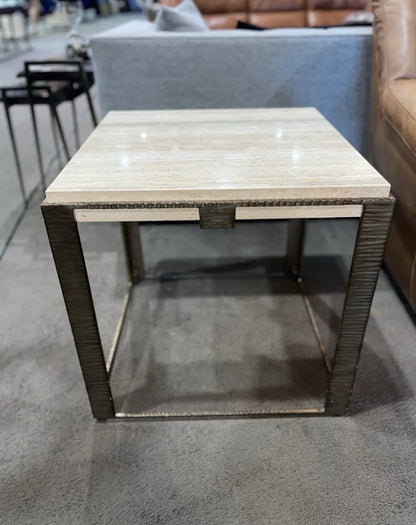 Lexington Tan Travertine Top & Brush Metal Frame "Stone Canyon" Side Table