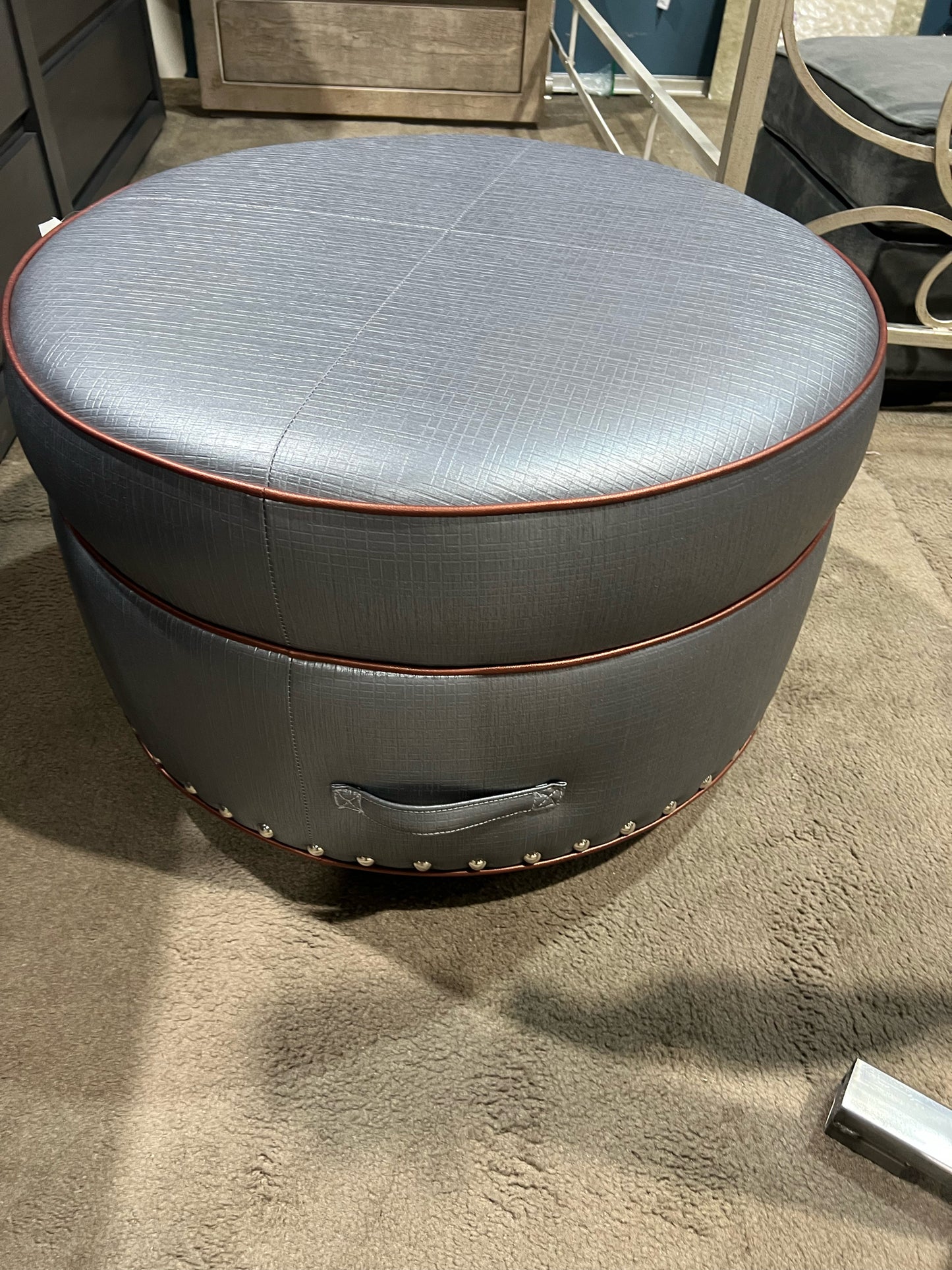 Round Gray Leather Ottoman