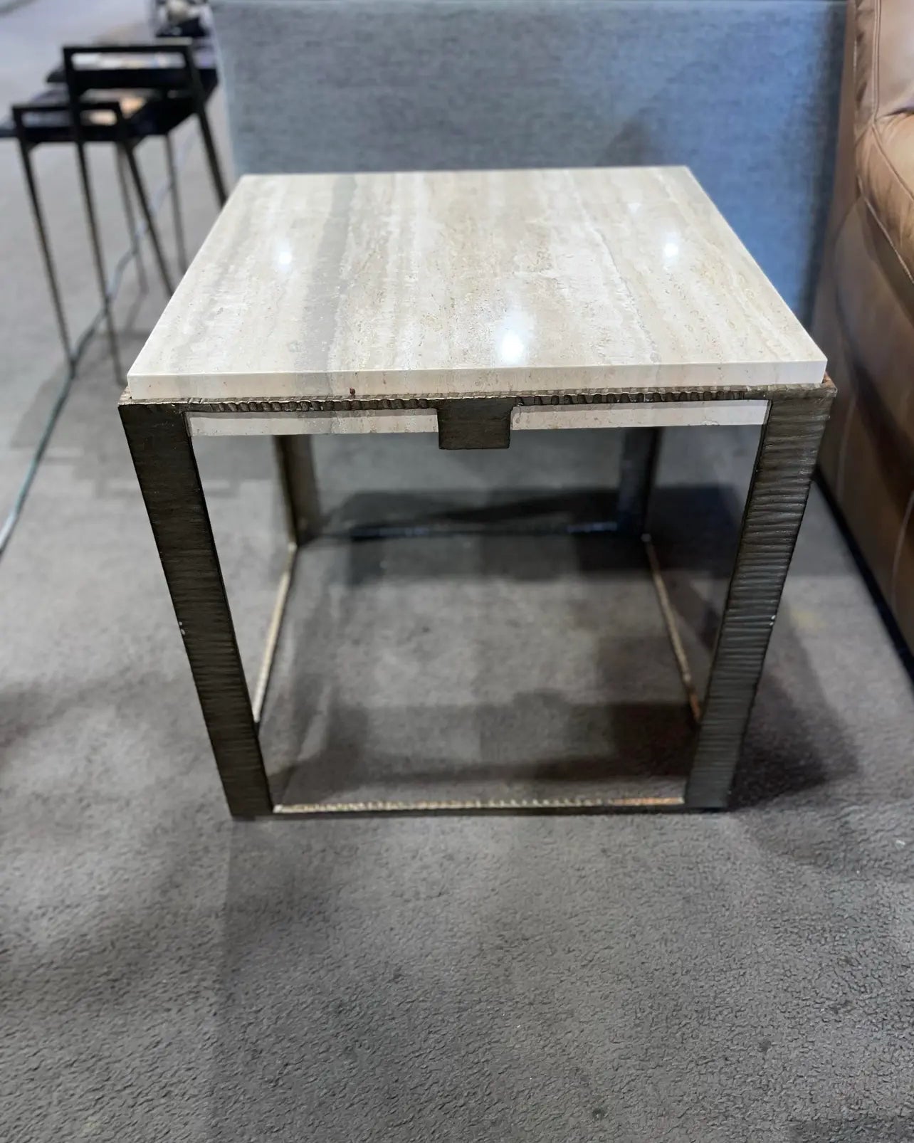 Lexington Tan Travertine Top & Brush Metal Frame "Stone Canyon" Side Table