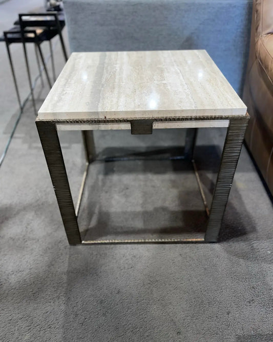 Lexington Tan Travertine Top & Brush Metal Frame "Stone Canyon" Side Table