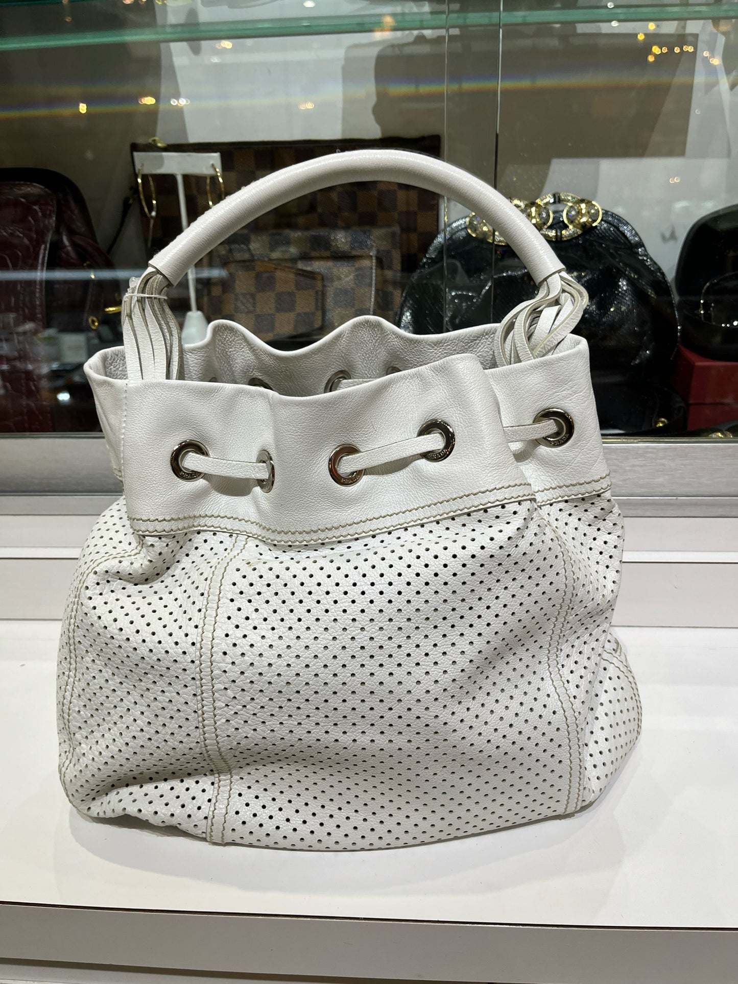 Prada White Perforated Leather Bucket Bag