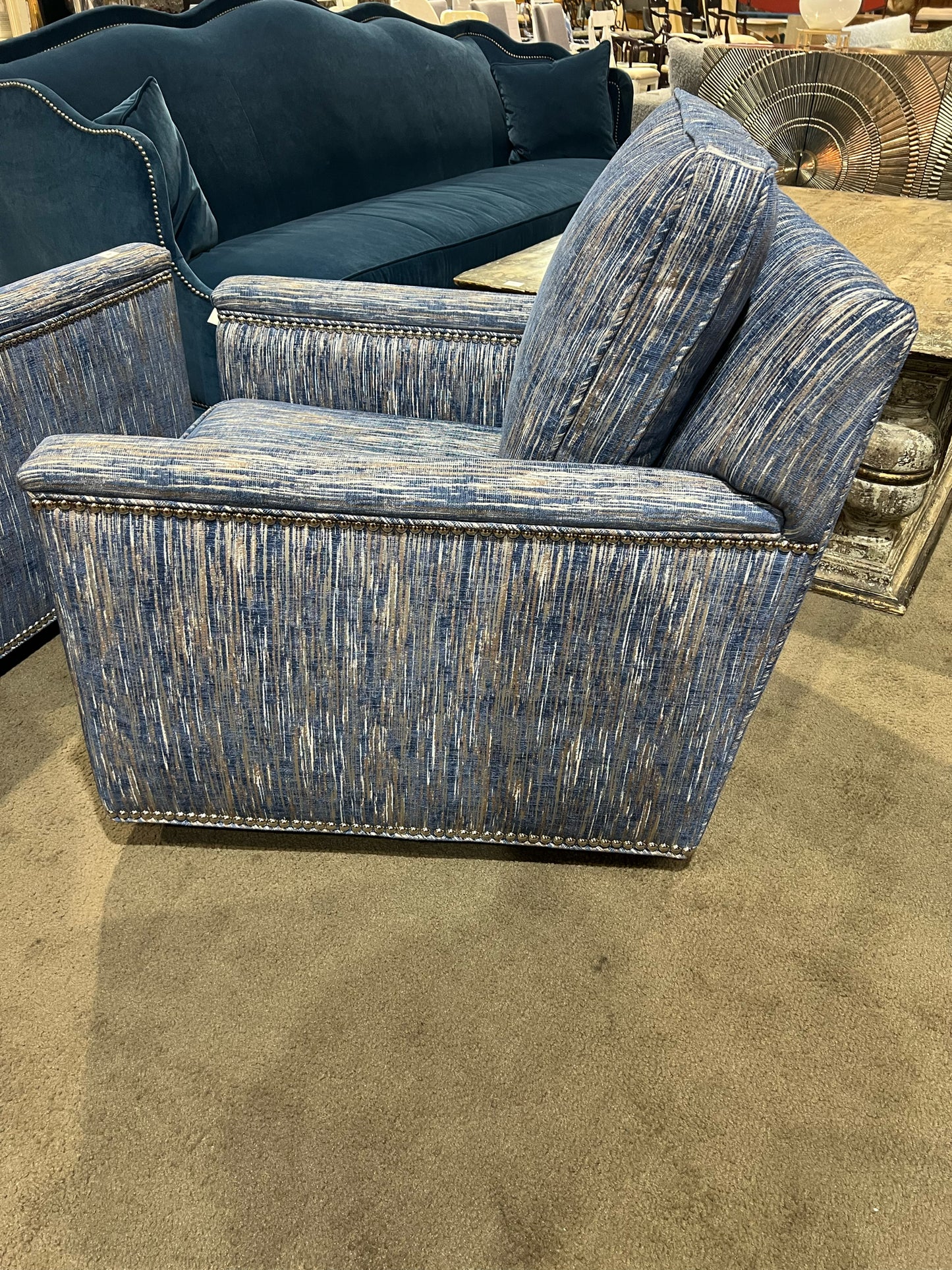 Blue & Tan Swivel Fabric Rocker