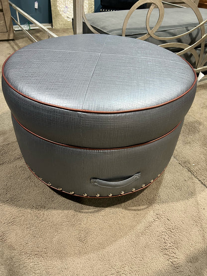 Round Gray Leather Ottoman