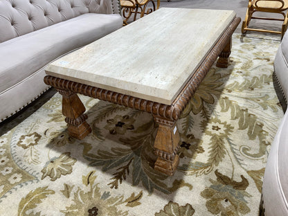 Kreiss Tan Travertine Top & Carved Wood Frame Coffee Table