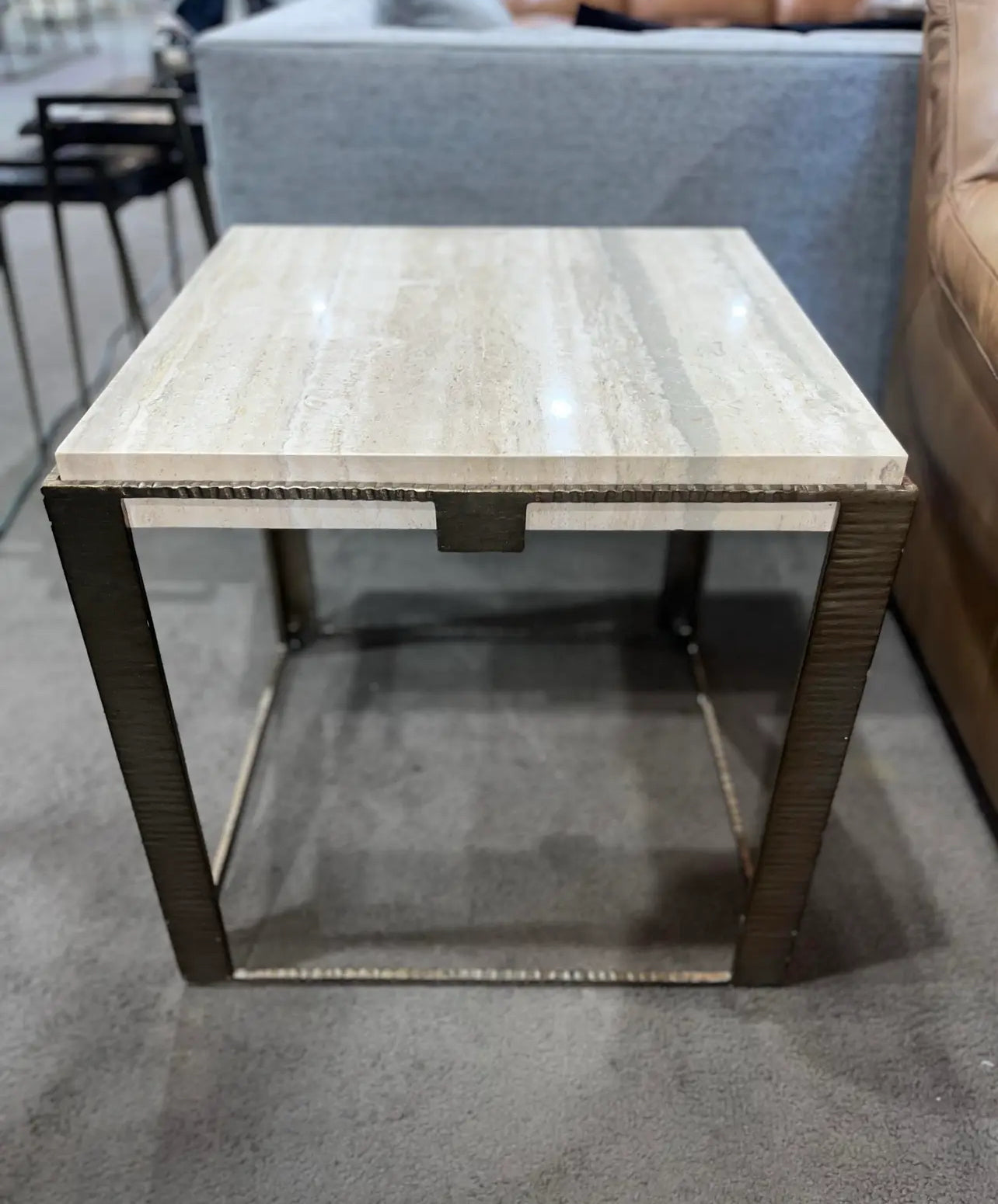 Lexington Tan Travertine Top & Brush Metal Frame "Stone Canyon" Side Table