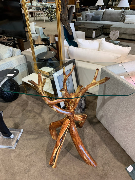 Handcrafted Live Tree & Glass Top Table