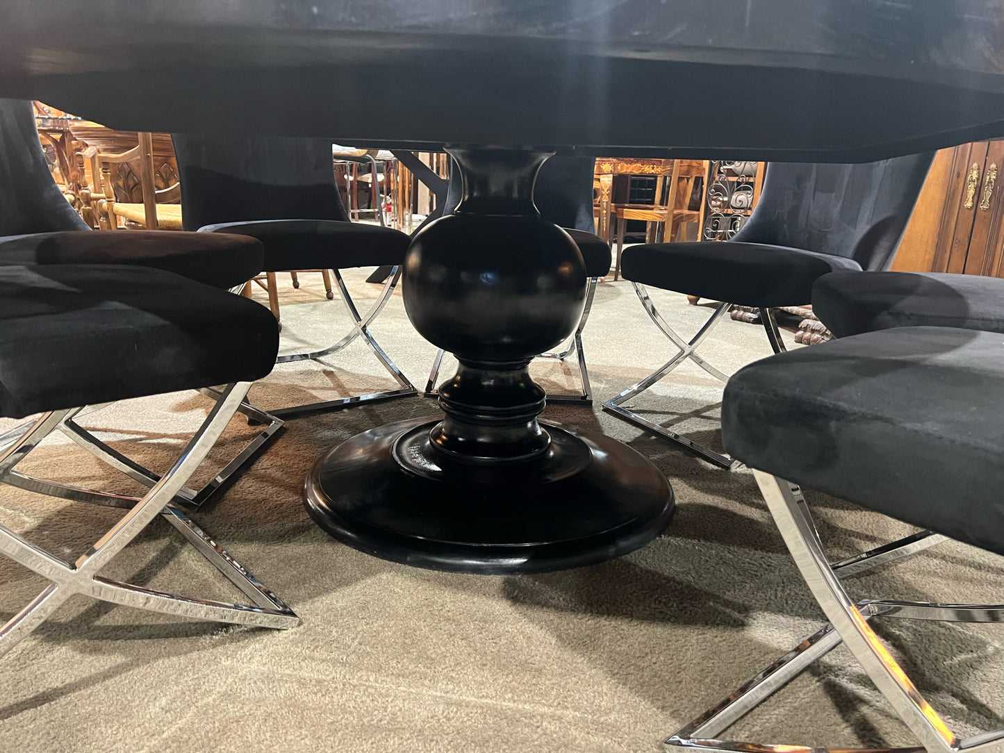 Table & Chairs Black Mahogany Wood & Velvet