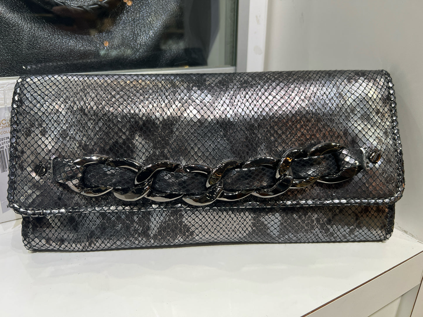 Michael Kors Gunmetal Snake Print Leather Clutch