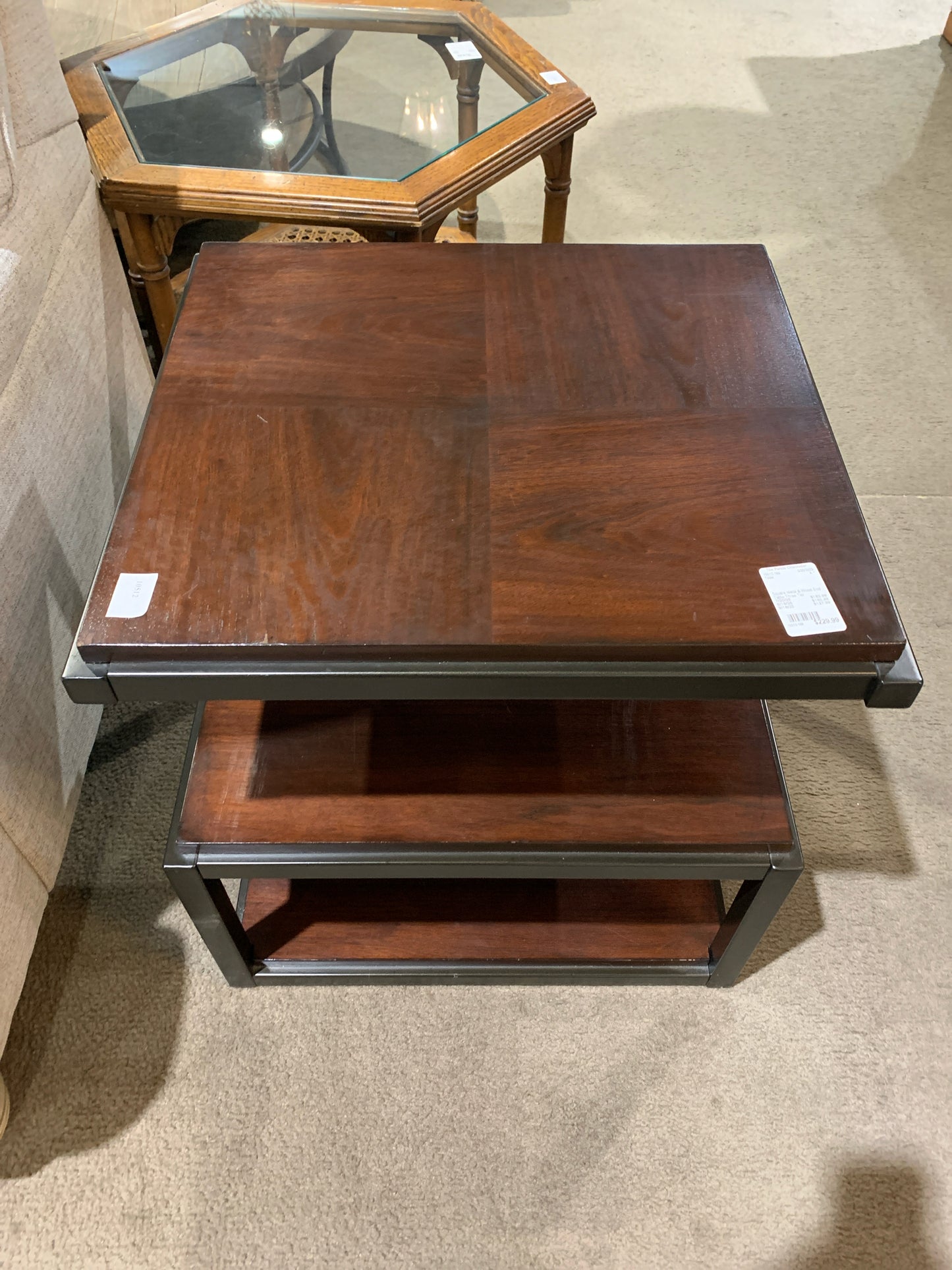 Square Three Tier Metal & Wood End Table