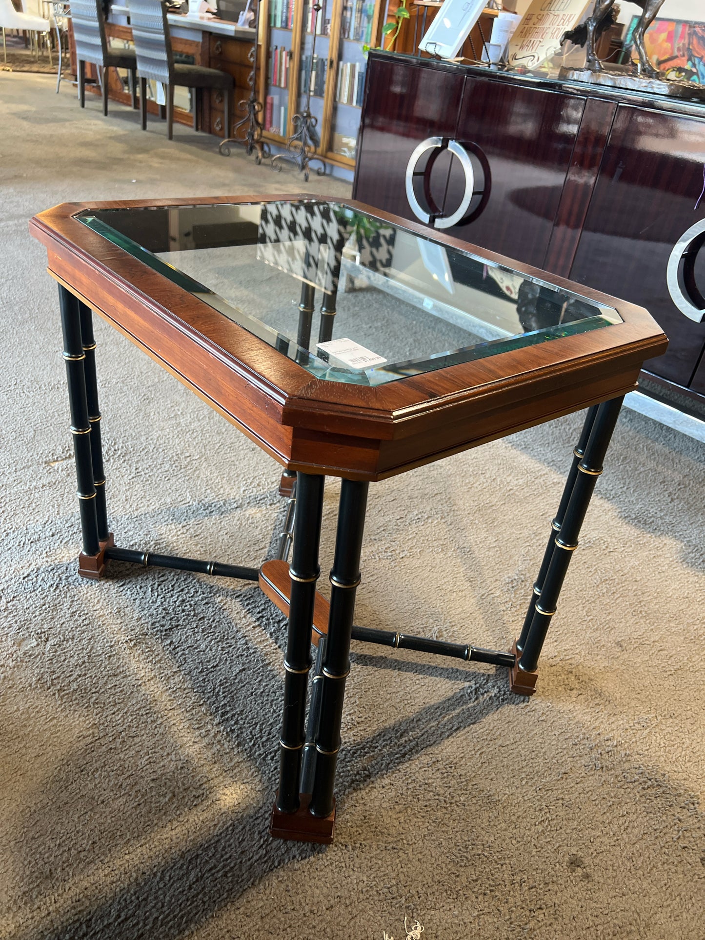 John Widdicomb Faux Bamboo & Glass Insert End Table