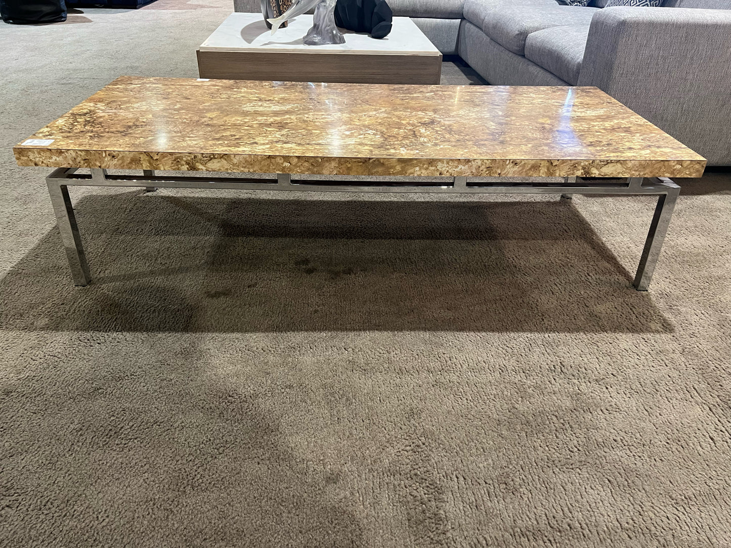 Milo Boughman Style Chrome Frame & Faux Olive Wood Top Coffee Table