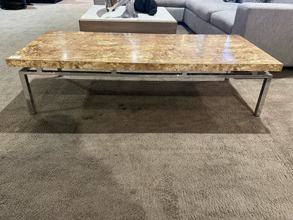 Milo Boughman Style Chrome Frame & Faux Olive Wood Top Coffee Table