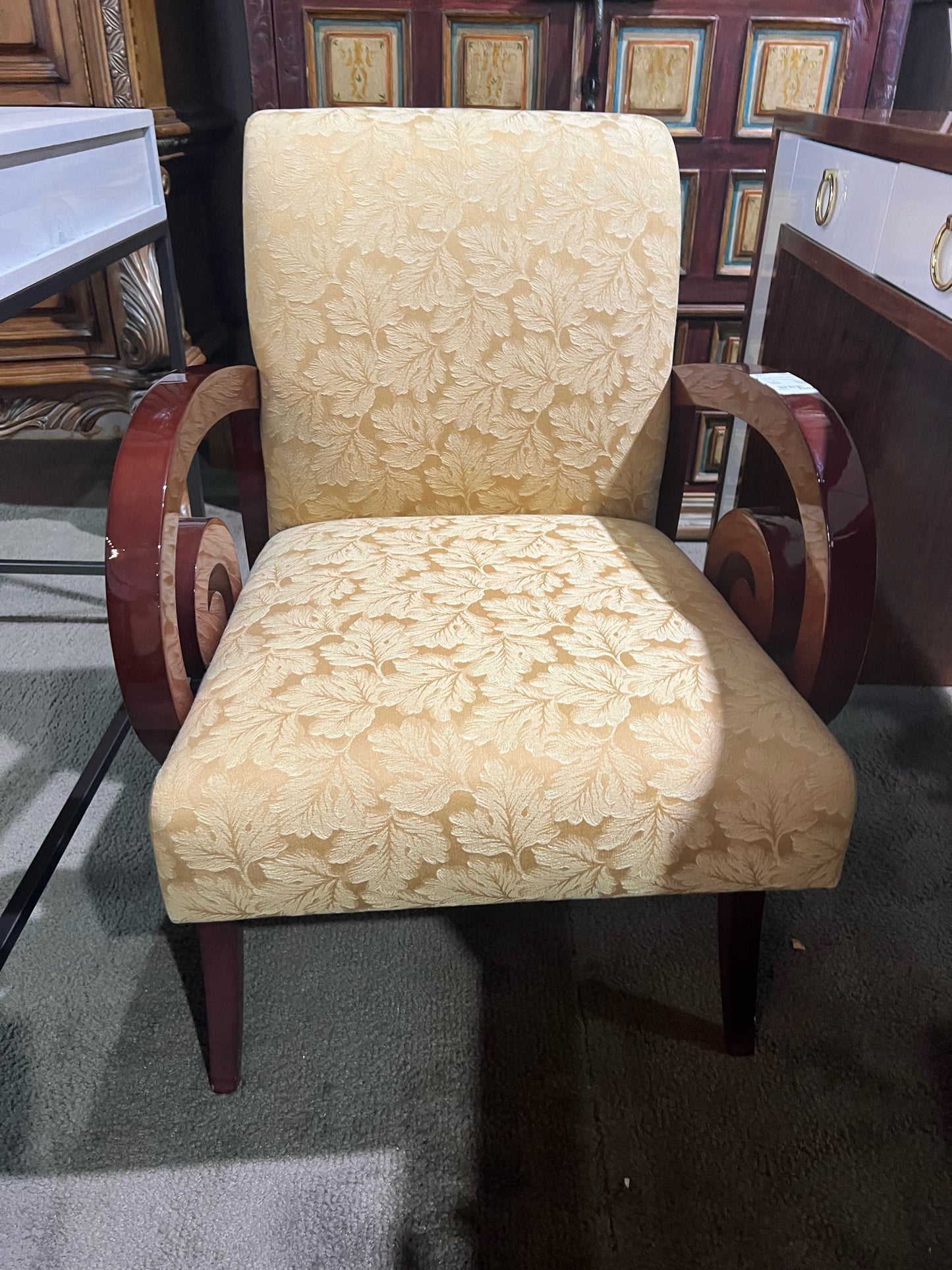 Gold Floral Fabric & Wood Frame Chair