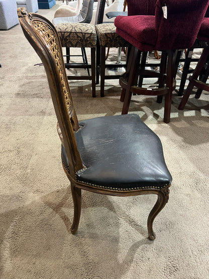 Louis XV Ornate Wood Frame & Black Leather Chair