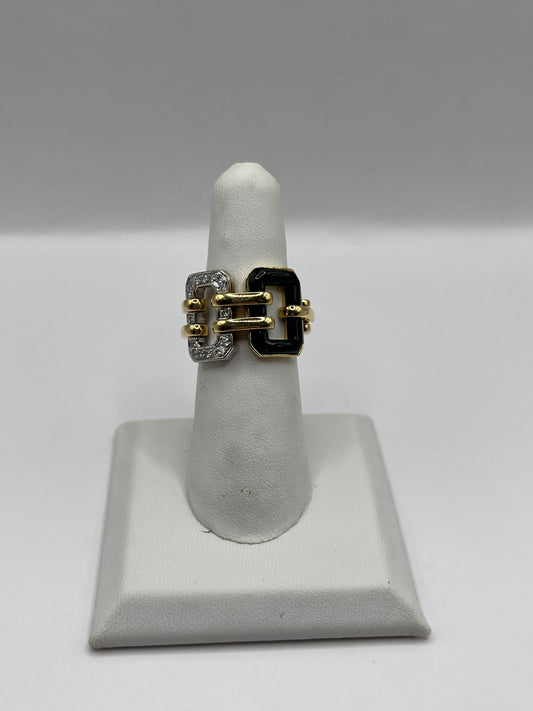 Chanel 18K Yellow Gold Diamond & Onyx Chain Link Ring